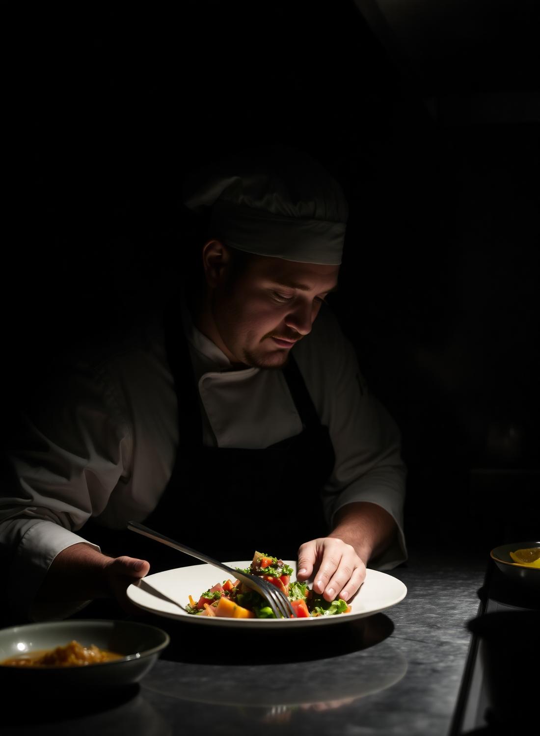 A BREWWWW chef plating a dish in the kitchen